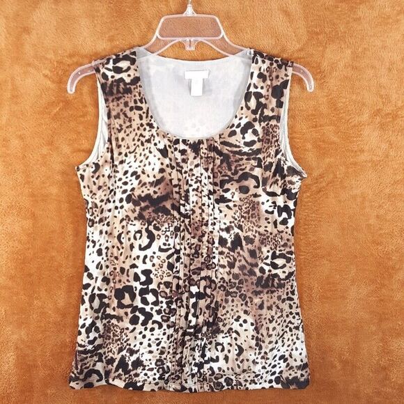 CHICOS Womens Top Size 0 Small Brown Leopard Cheetah Tank Pullover Stretch Knit - Picture 1 of 6